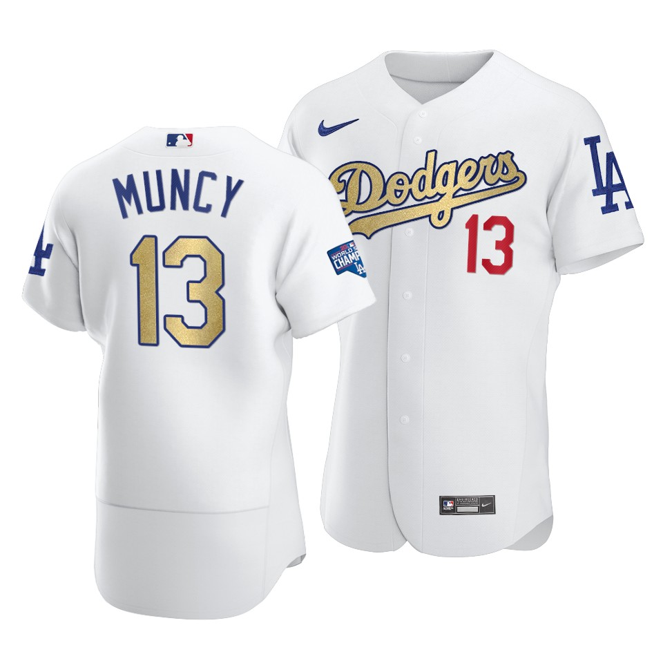 Men's Los Angeles Dodgers #13 Max Muncy 2021 White Gold World Series Champions Patch Sttiched Jersey